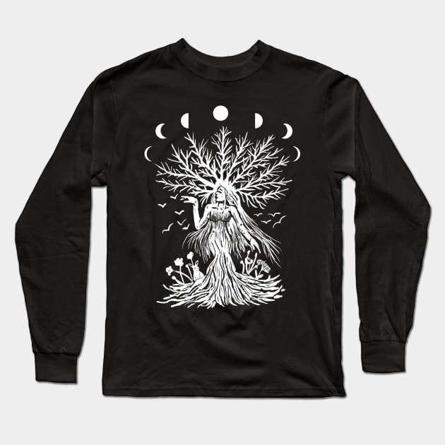 Tree Goddess, Moon Phases, Gothic Witchy Nature Long Sleeve T-Shirt by LunaElizabeth